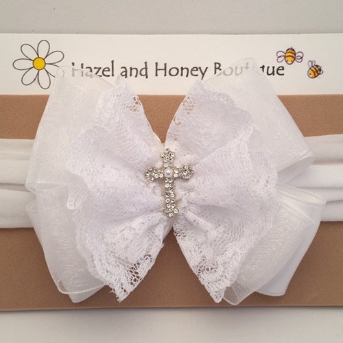 White Baptism Headband White Christening Headband Cross Etsy