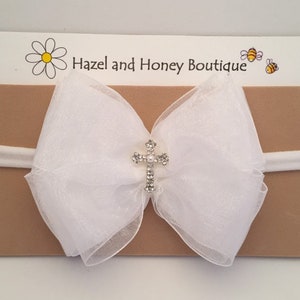 White Organza and Satin Baptism Bow with Cross