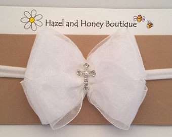 White Organza and Satin Baptism Bow with Cross