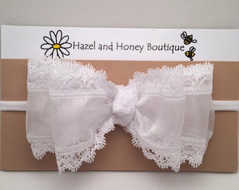 White Organza and Lace Infant Headband