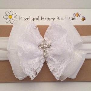 White Lace Baptism Headband with Cross