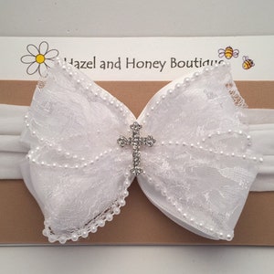 White Lace and Pearl Baptism Bow with Cross