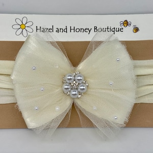 Ivory Satin And Tulle Infant Bow with Pearl Embellishment