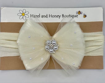 Ivory Satin And Tulle Infant Bow with Pearl Embellishment