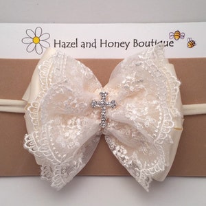 Ivory Satin & Lace Baptism Headband with Cross