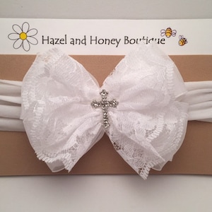 White Lace Baptism Headband with Cross