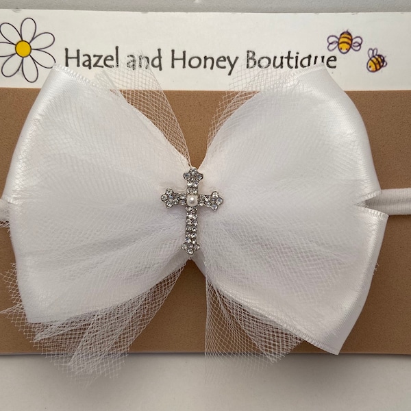 White Tulle & Satin Baptism Headband with Cross