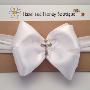 White Satin Baptism Bow with Cross