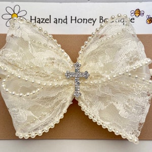 Ivory Lace & Pearls Baptism Headband with Cross