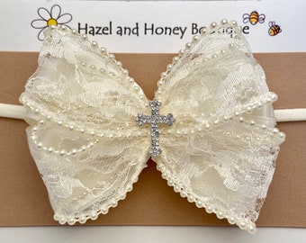 Ivory Lace & Pearls Baptism Headband with Cross