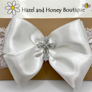 White Satin Baptism Bow with Pearl Cross