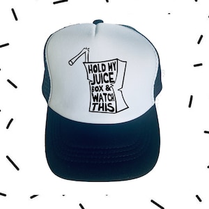 Hold My Juice And Watch This Trucker Hat For Toddlers and Little Boys. Mr Steal Your Snacks Hat. Hats for Toddler boys.