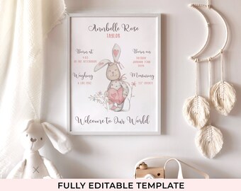 Customisable Printable Nursery Decor Template, Printable Wall Art Print, Personalised print, Printable Decor, Bunny Nursery Printable