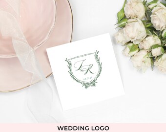 Hand Drawn Rustic Wedding Logo, Couples Monogram, Wedding Monogram for Invitations or Stationery, Crest Mongrams, Floral