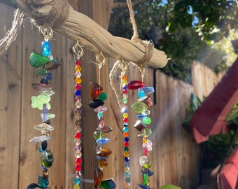 Glass Drop Bead Wind Chime with Brass Bells & Driftwood