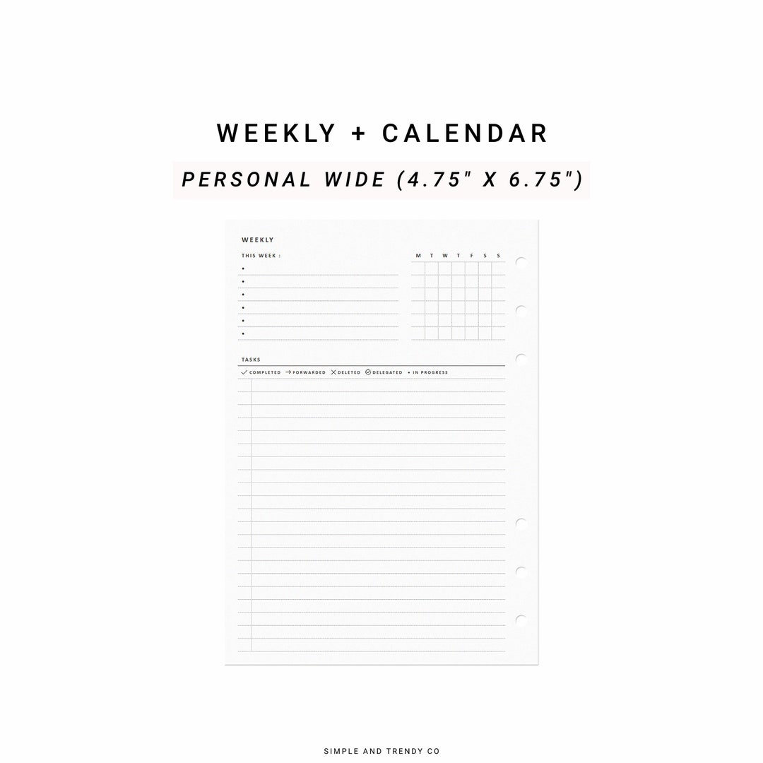 Weekly Planner Calendar Personal Wide, Printable Week on 1 Page, Weekly Planner Page, Week ...