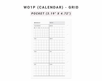 Puede incluir: Una hoja de agenda blanca etiquetada como WO1P (CALENDAR) - GRID POCKET (8,1 cm x 11,99 cm) que presenta un diseño semanal con secciones de cuadrícula para cada día de la semana y seis orificios circulares en el borde derecho.