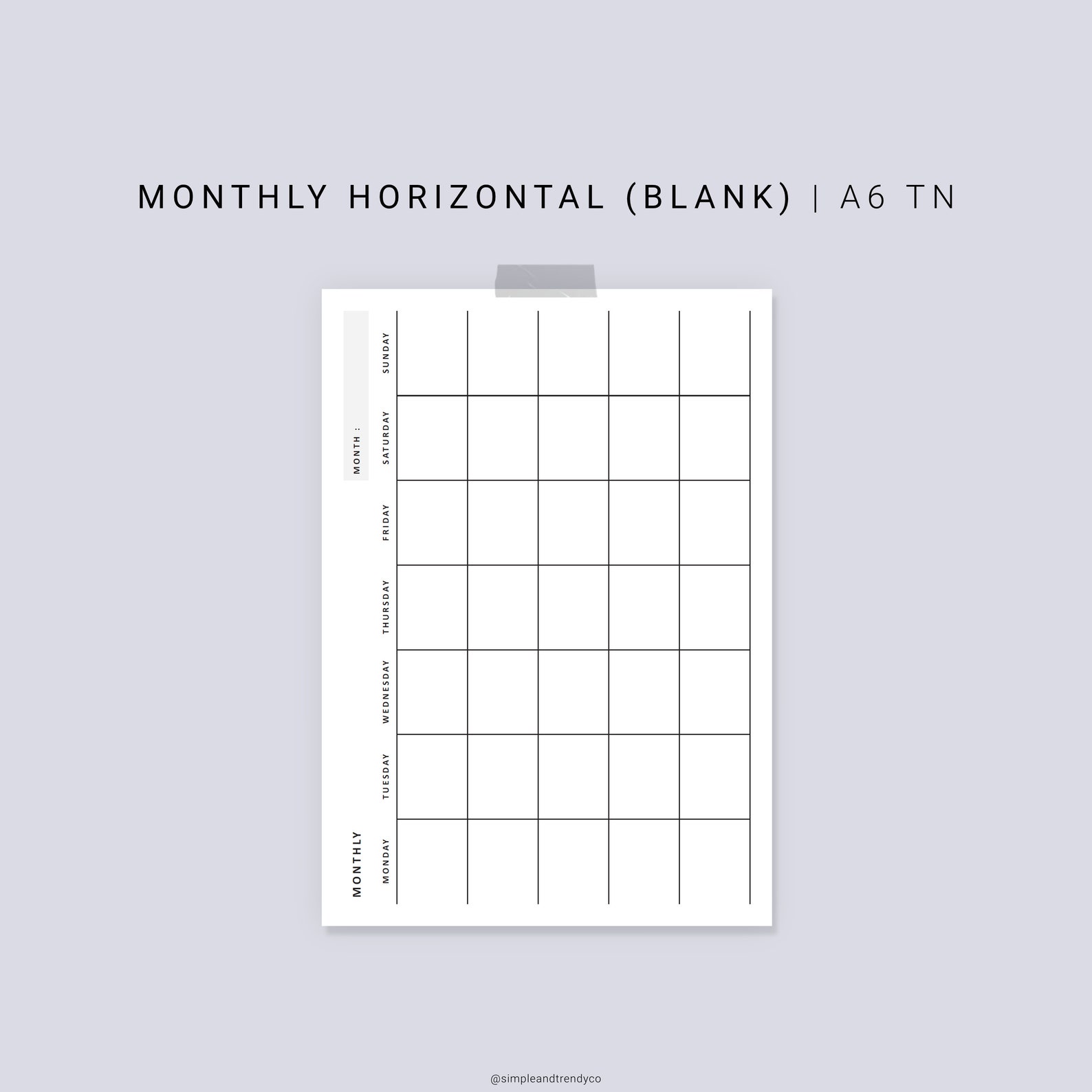 Month on One Page Horizontal Printable MO1P A6 TN | Etsy
