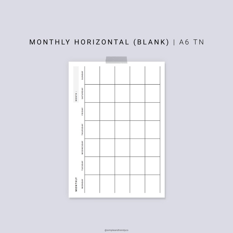 Month on One Page Horizontal Printable MO1P A6 TN | Etsy