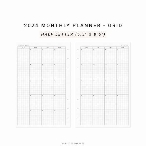 2024 Monthly Planner Minimalist Printable, Half size Half Letter inserts