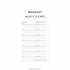 Workout Tracker A6 Inserts, Printable Weekly Workout Plan, Workout Log, Exercise Tracker, Fitness, Weight Lifting, Yoga Class