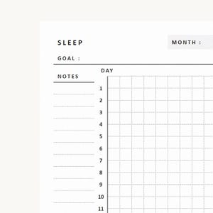 May include: A white paper sleep tracker template featuring black text headers for SLEEP, GOAL, MONTH, and NOTES. The layout includes a vertical column numbered 1 through 11, with a grid pattern to the right for recording daily sleep data.