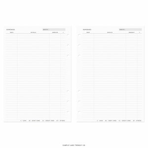 Puede incluir: Dos p&aacute;ginas de planificador blancas para el seguimiento de gastos, con columnas para fecha, detalles y cantidad. El encabezado dice EXPENSES y MONTH. La parte inferior incluye una leyenda para C-CASH, DC-DEBIT CARD, CC-CREDIT CARD y OT-OTHERS.