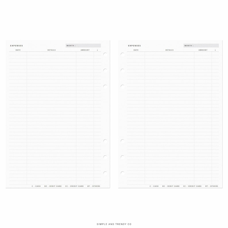 Puede incluir: Dos p&aacute;ginas de planificador blancas para el seguimiento de gastos, con columnas para fecha, detalles y cantidad. El encabezado dice EXPENSES y MONTH. La parte inferior incluye una leyenda para C-CASH, DC-DEBIT CARD, CC-CREDIT CARD y OT-OTHERS.