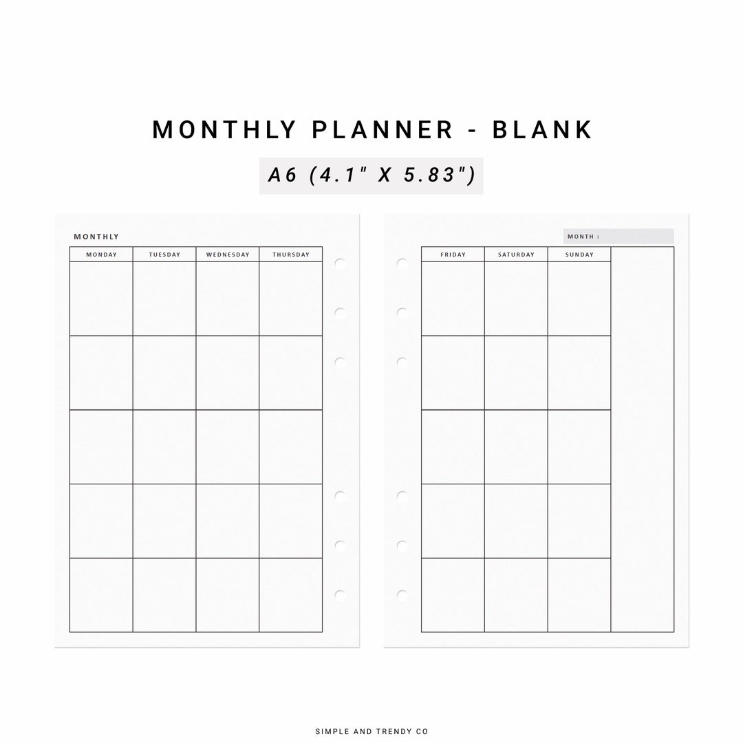 Monthly Planner Printable Minimalist Planner A6 Inserts, Undated Month ...