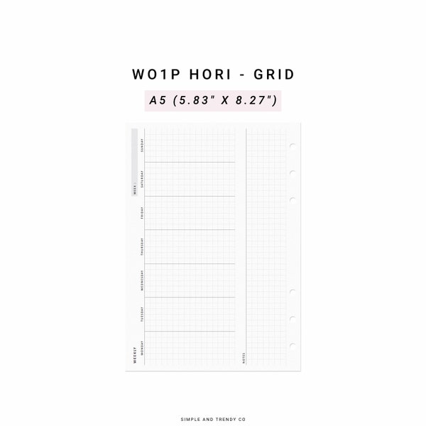 Woche auf 1 Seite WO1P HorizontalEr Wochenplaner Druckbare A5 PlanerEinlagen