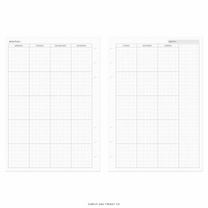 May include: A printable monthly planner with a grid layout. The planner is divided into seven columns for each day of the week, with the days labeled at the top. The planner is designed for use with a disc-bound planner system.