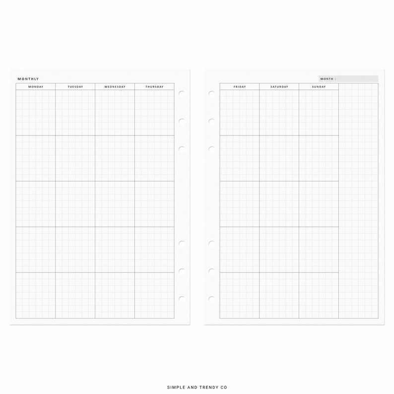 May include: A printable monthly planner with a grid layout. The planner is divided into seven columns for each day of the week, with the days labeled at the top. The planner is designed for use with a disc-bound planner system.