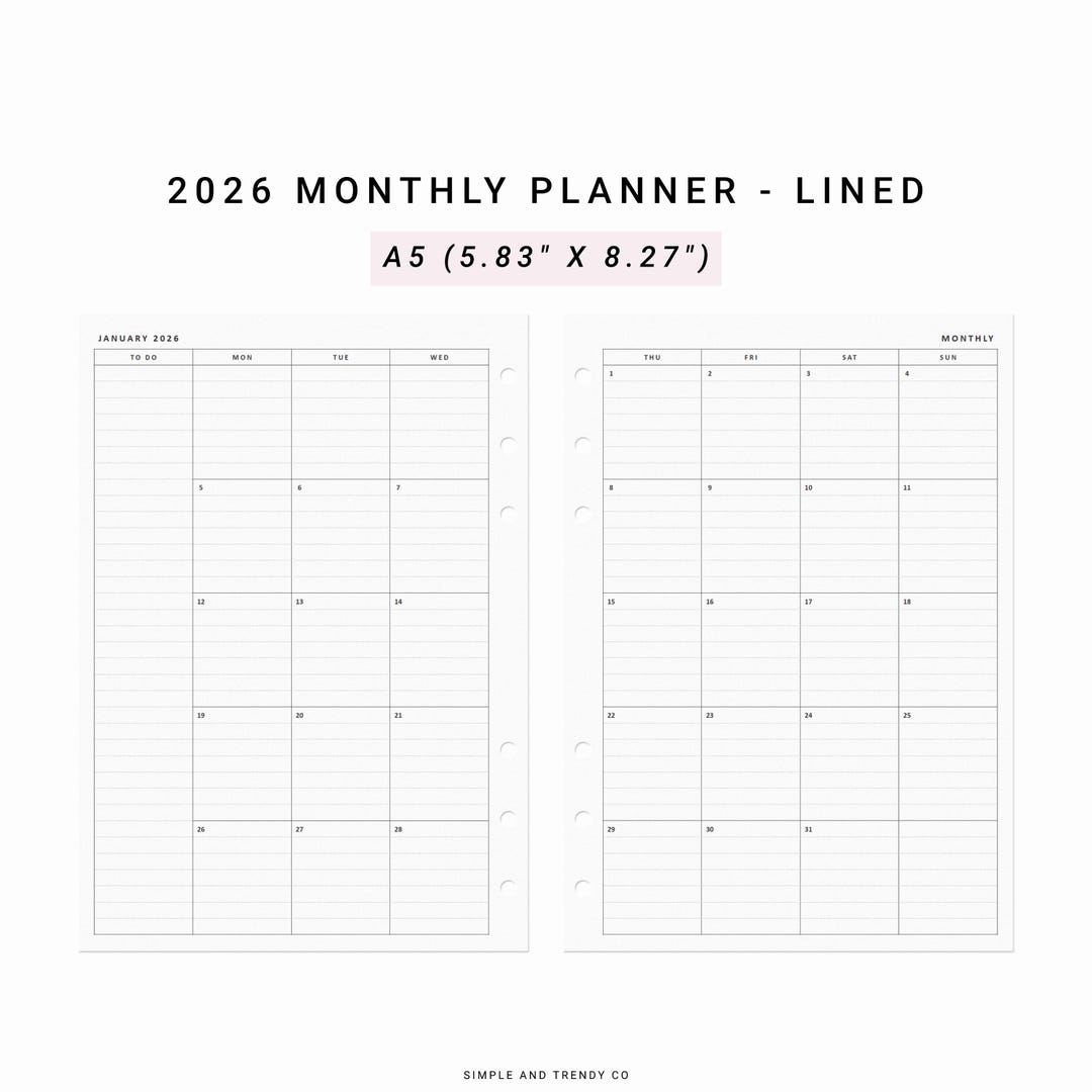 2026 Monthly Planner Minimalist Printable, A5 Planner Inserts - Etsy