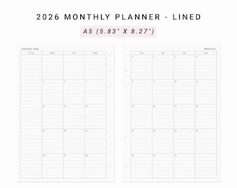 2026 Monthly Planner Minimalist Printable, A5 Planner Inserts