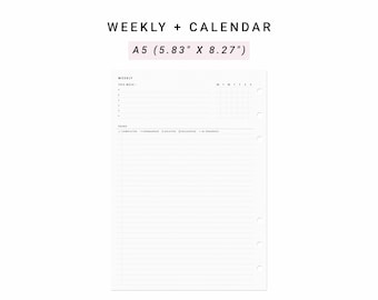 Weekly Planner Calendar A5 Planner Inserts, Printable Week on 1 Page, Weekly Planner Page, Week Planner Inserts, Minimalist Planner Insert