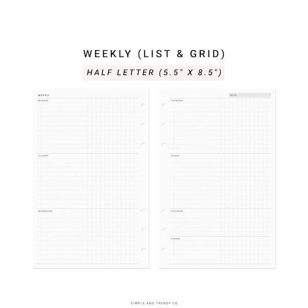 Weekly Planner Printable Half size Half Letter Inserts, Weekly To Do Checklist, Weekly Agenda Template