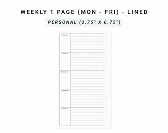 Mon-Fri Weekly Planner, Work Week, Weekly 1 Page, Weekly on One Page, WO1P Personal Planner Inserts