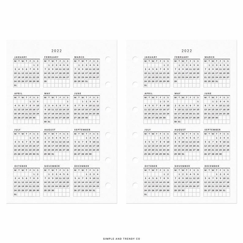 Pocket Size Calendar Printable 2022 Calendar Sunday Monday - Etsy