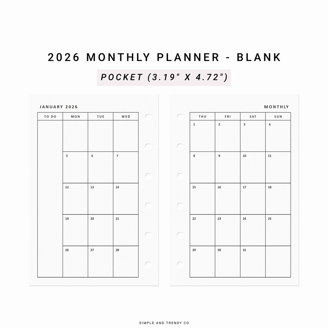 2026 Monthly Planner Minimalist Printable, Pocket Size - Etsy