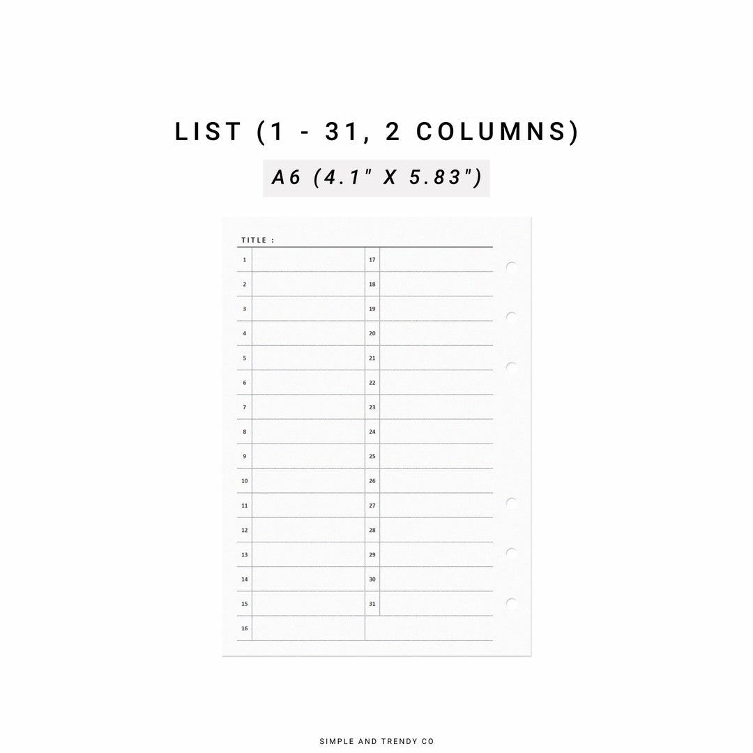Monthly List 2 Column A6 Inserts Printable Month on 1 Page - Etsy