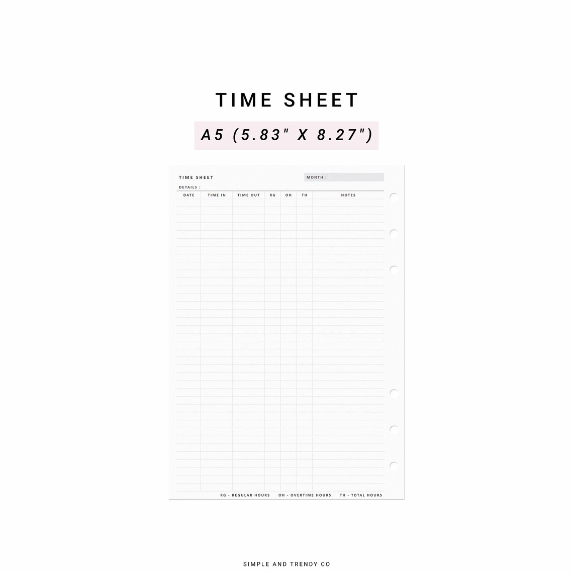 Time Sheet Log Printable A5 Planner Inserts Time Card - Etsy