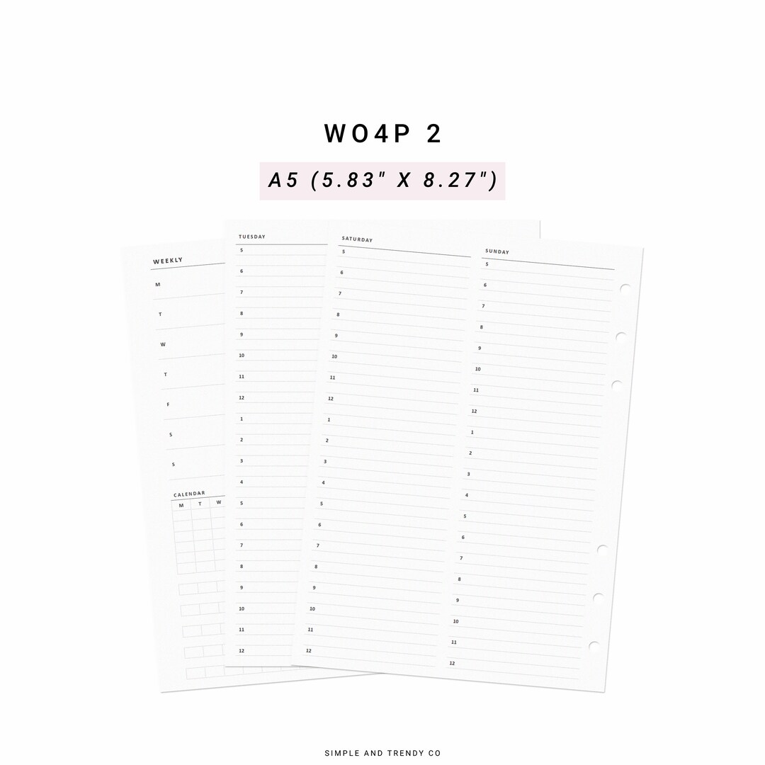 Week on 4 Pages A5 Planner Inserts WO4P Weekly Schedule Etsy
