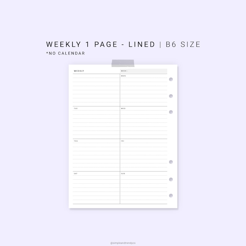 Week on One Page Printable B6 Inserts Weekly 1 Page Vertical | Etsy