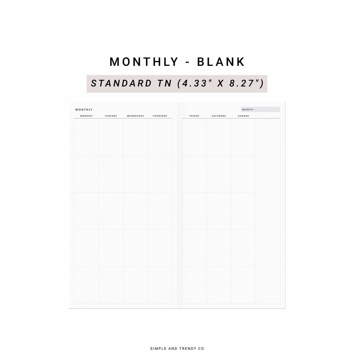 Monthly Planner Printable Minimalist TN Standard Undated - Etsy