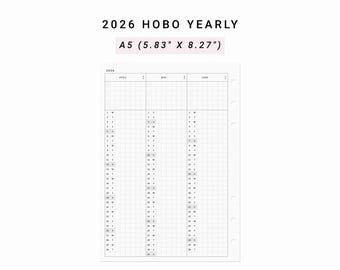 2026 Hobonichi Yearly Planner, A5 Planner Inserts, Printable Yearly Agenda, Year at a glance Hobonichi Inserts, Annual Planner