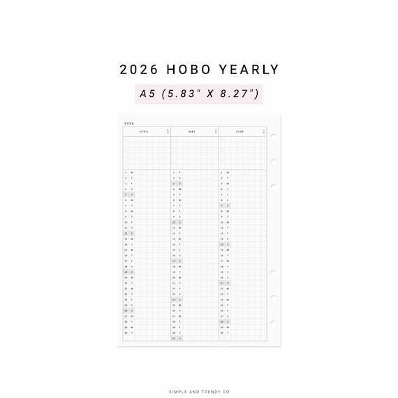 2026 Hobonichi Yearly Planner, A5 Planner Inserts, Printable Yearly Agenda, Year at a glance Hobonichi Inserts, Annual Planner