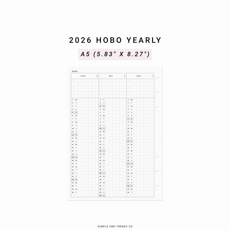 May include: A black and white printable 2026 yearly calendar planner in A5 size (5.83 inches by 8.27 inches) with the months of April, May, and June. The calendar is designed for use with a Hobonichi planner.