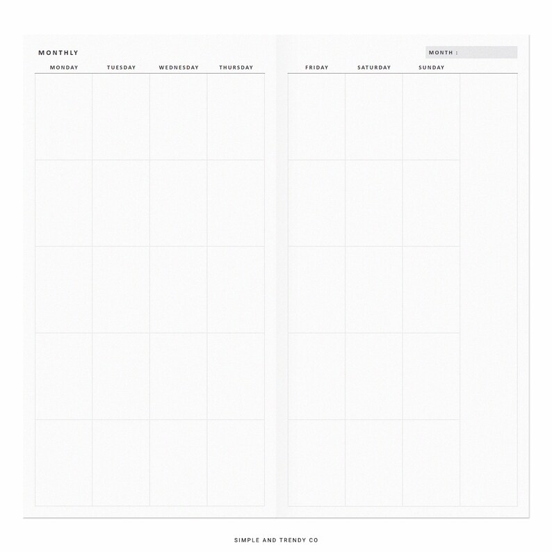 Monthly Planner Printable Minimalist TN Standard Undated - Etsy