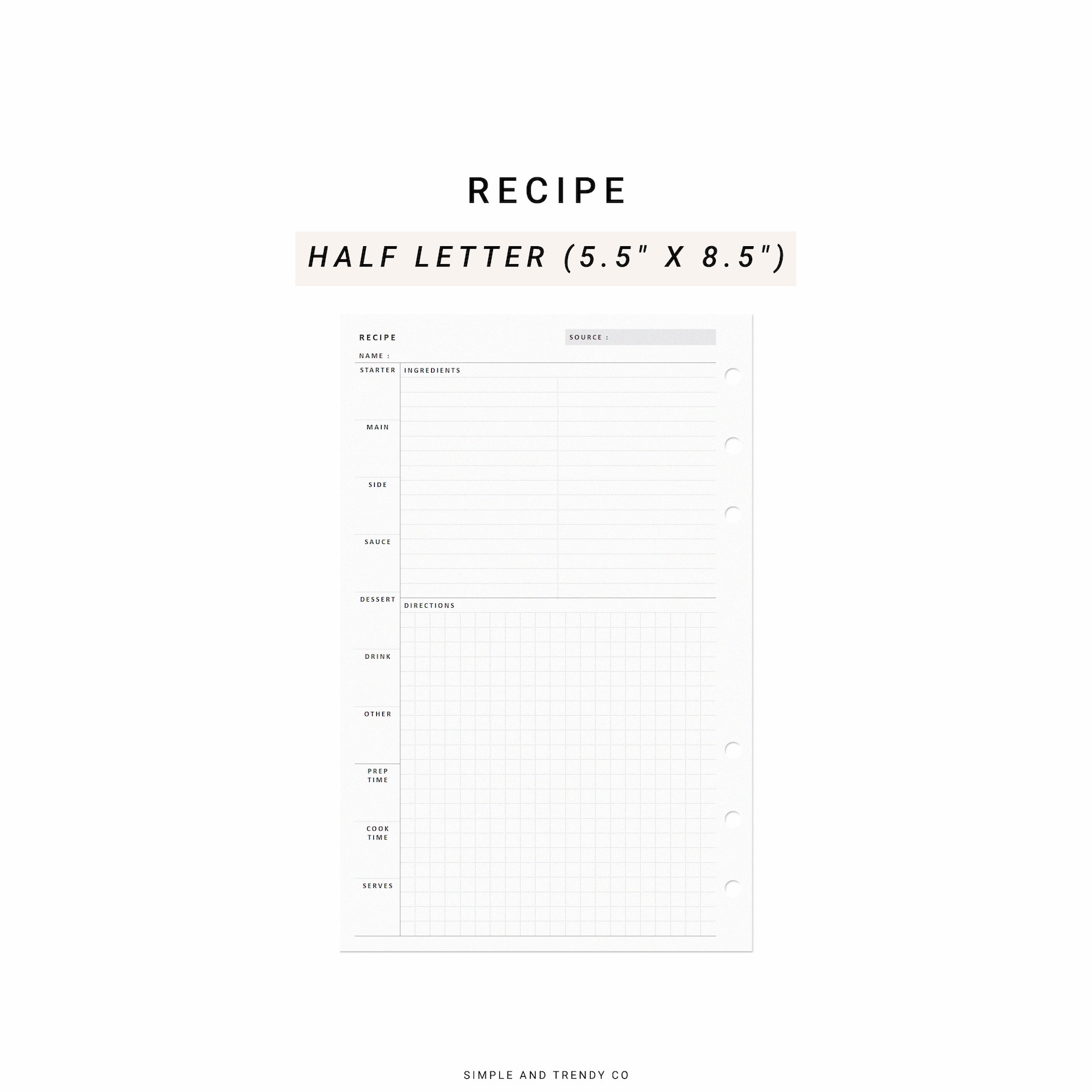Recipe Half Size Half Letter Inserts Recipe Planner - Etsy