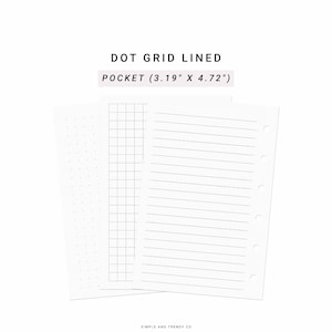 May include: Three white planner inserts with black ink, featuring dot grid, graph, and lined layouts. The text reads DOT GRID LINED POCKET (8.1 cm x 11.99 cm). Each sheet has six circular punch holes along the right edge for binding in a planner.